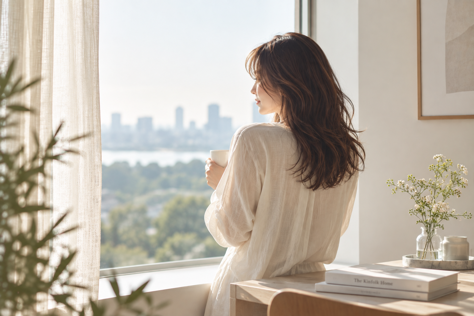 窓辺でカップを持つ女性のサンプル画像